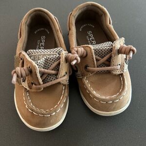 Sperry Tan Moccasin Boat Shoes with White Stitching